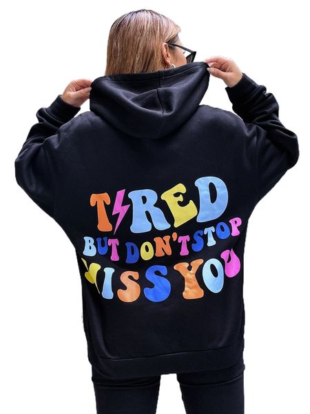 

slogan graphic drop shoulder hoodie c1jc#, Black