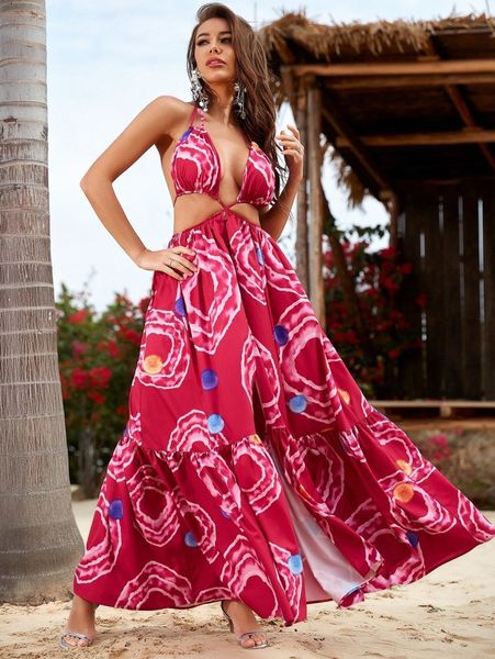 

graphic print halter neck backless wrap ruffle hem dress a3v1#, Black;gray