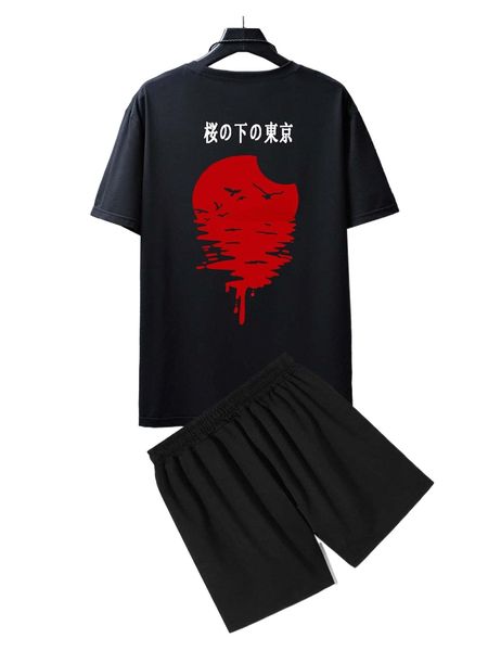 

romwe guys japanese letter graphic tee & drawstring shorts f1zq#, Gray