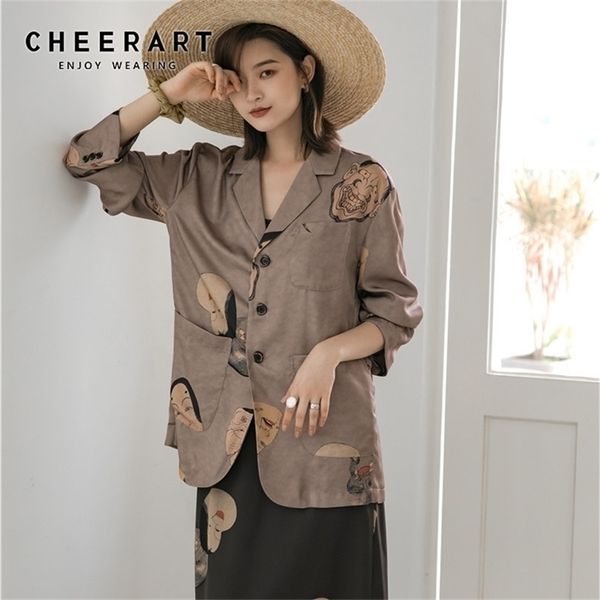 

cheerart ukiyoe hannya print women designer jacket coat vintage loose long sleeve plus size buttons brown blazer y201026, White;black