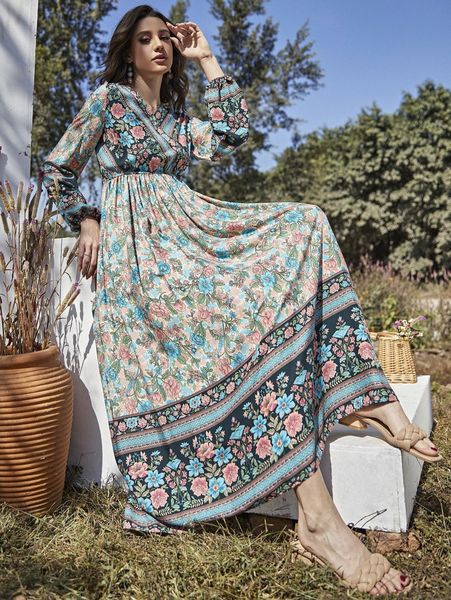 

v-neck floral print a-line dress e9bx#, Black;gray