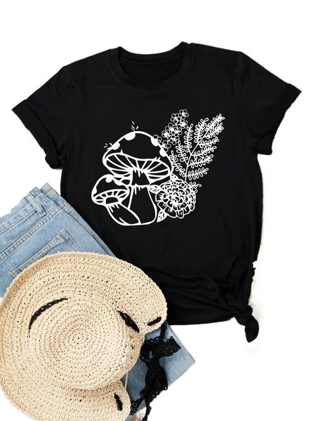 

plus mushroom and plants print tee x3i7#, Black