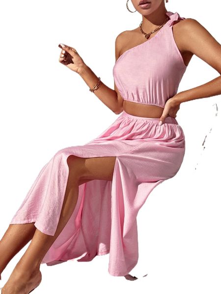 

tie shoulder oblique neck & split thigh skirt 28du#, White