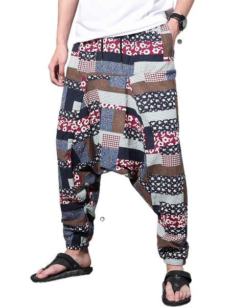 

men random floral print drawstring waist drop crotch pants y9ph#, Black