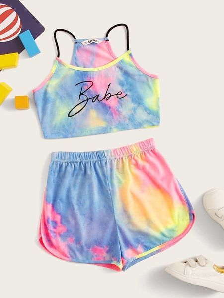 

girls letter graphic tie dye racer back cami & track shorts set she, White