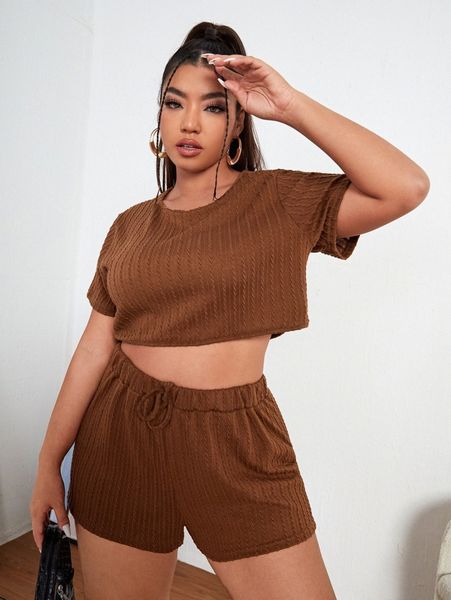 

plus crop tee & tie waist shorts 67xq#, Black