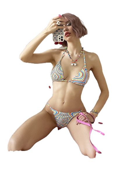 

random allover print triangle halter bikini swimsuit w5sy#, White;black