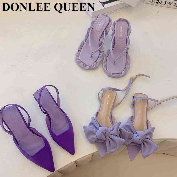 Pantofole Donna Sandali infradito Donna Stiletto Open Toe Purple Bow Knot Tacchi alti 2022 Moda Sandalo romano Elegante Mule Slipper Slide 220514