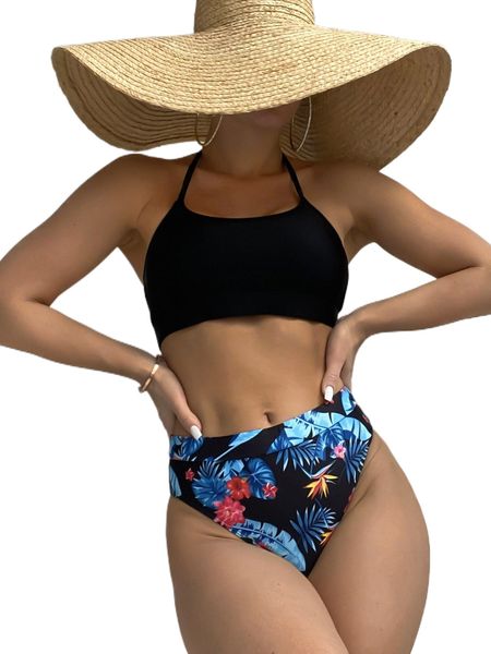 

plant print halter bikini swimsuit v6at#, White;black