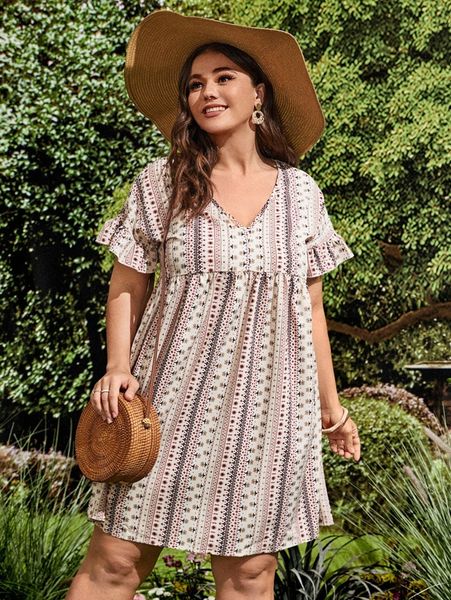 

plus floral and striped print smock dress f1gz#, Black