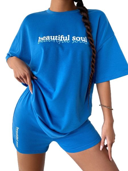 

letter graphic drop shoulder tee & biker shorts set 96sd#, White