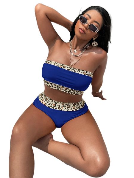 

plus leopard trim bandeau bikini swimsuit j5ma#, White;black