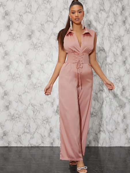 

lace up waist shirt jumpsuit t4xm#, Black;white