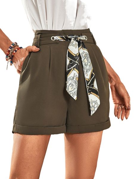 

scarf and chain print tie front slant pocket shorts d9qo#, White;black