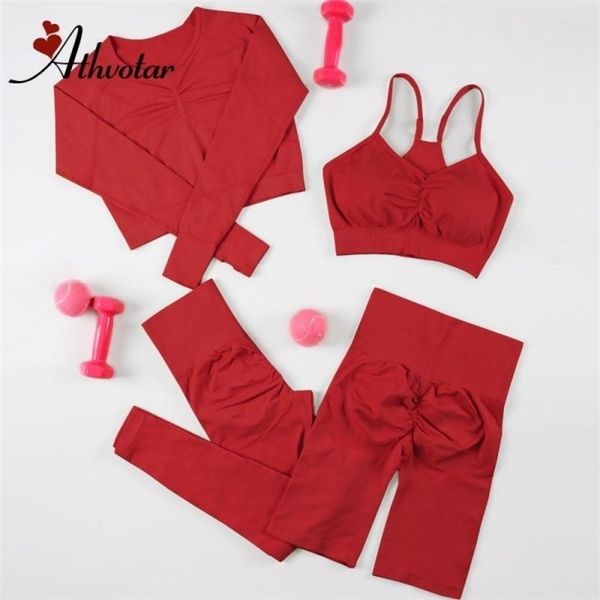 

athvotar 4 piece set yoga long sleeve tracksuit seamless woman workout gym fitness suits crop and push up leggings 220317, Gray