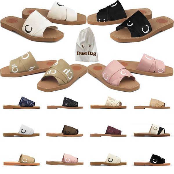 

2022 designer luxury slippers women sandals flat slides black white canvas lace rubber woody womens fashion outdoor shoes with dust bag