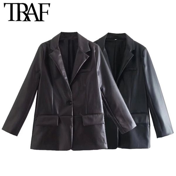 

traf women fashion front button faux leather blazer coat vintage long sleeve flap pockets female outerwear chic veste femme 220509, White;black