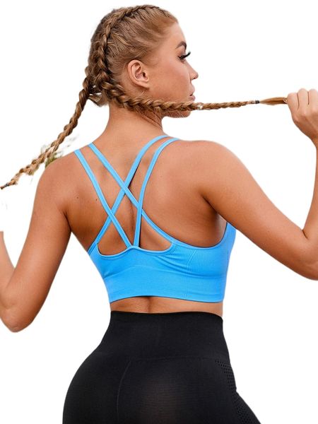 

crisscross back ribbed knit sports bra z1fo#, Gray