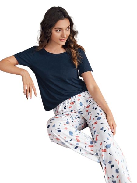 

solid tee & graphic print pants pj set 55wp#, Black;red
