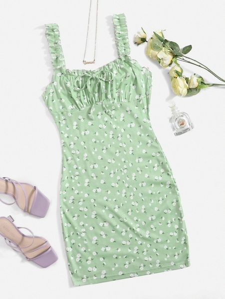 

daisy print frilled ruched bust tie front cami dress y5sc#, Black;gray