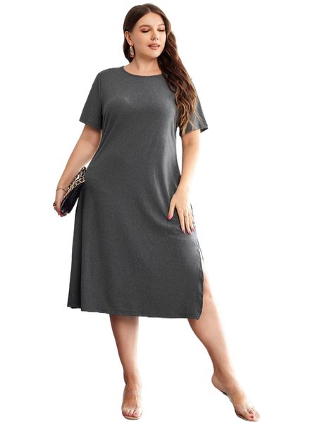 

plus split hem tee dress f3pc#, Black