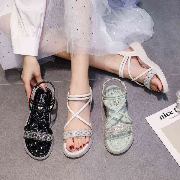 

sandals women platform shoes korean roman bohemian beach sandals luxury rhinestone high heels cross belt 220704, Black