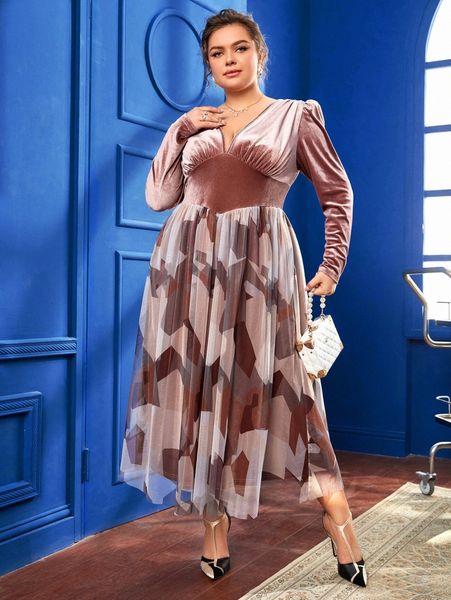 

plus graphic print ruched bust velvet a-line dress 23bf#, Black