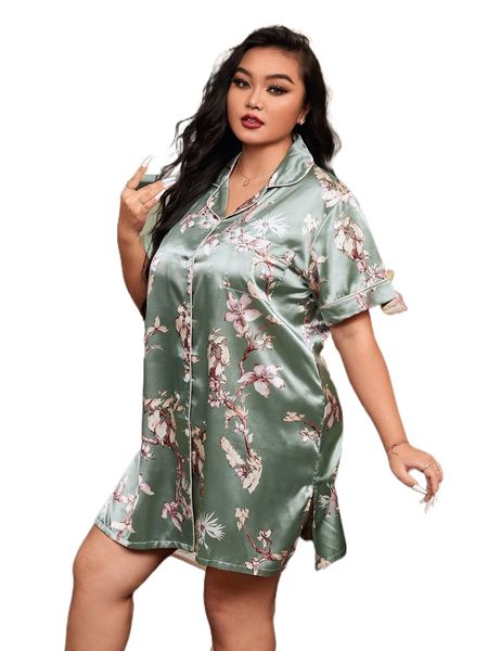 

plus floral print split hem satin night dress 94m6#, Black;white