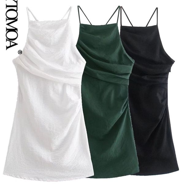 

kpytomoa women chic fashion pleated linen mini dress vintage backless zipper thin straps female dresses vestidos mujer 220516, Black;gray