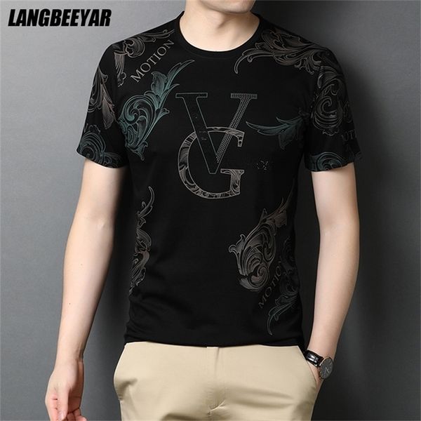 

mercerized cotton summer brand o neck print t shirt men short sleeve casual fashion mens clothing 220425, White;black