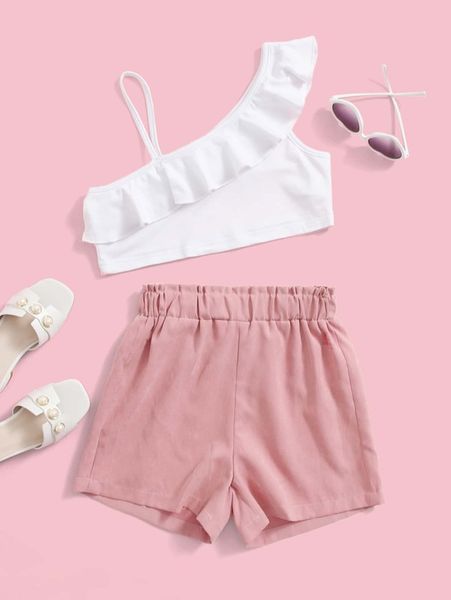 

girls asymmetrical neck ruffle trim & paperbag waist shorts she, White