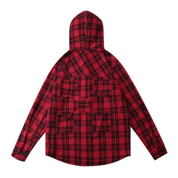 

2022 spring / summer new off plaid stripe cardigan hooded shirt unisex, Black