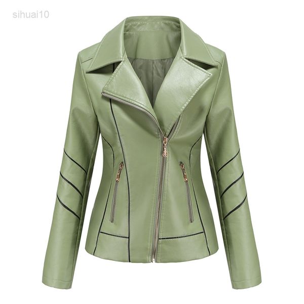 

vintage moto pu leather zip up spring autumn jacket for women oversized motorcycle streetwear outerwear clothing black green l220725