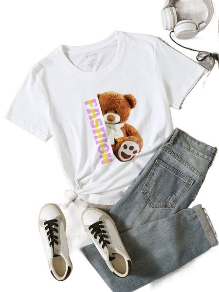 

bear & letter graphic tee i6xs#, White