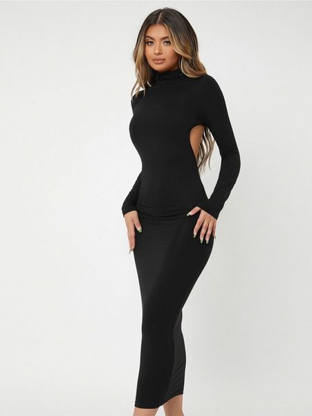 

sxy mock neck backless bodycon dress t7u9#, Black;gray