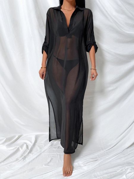

plain slit thigh cover up 47b7#, White;black