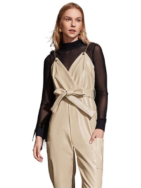 

patched pocket belted pu leather cami jumpsuit without n0r0#, Black;white