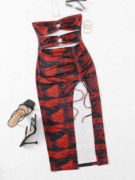 

cutout front ruched drawstring split thigh tie dye bodycon dress w7n0#, Black;gray