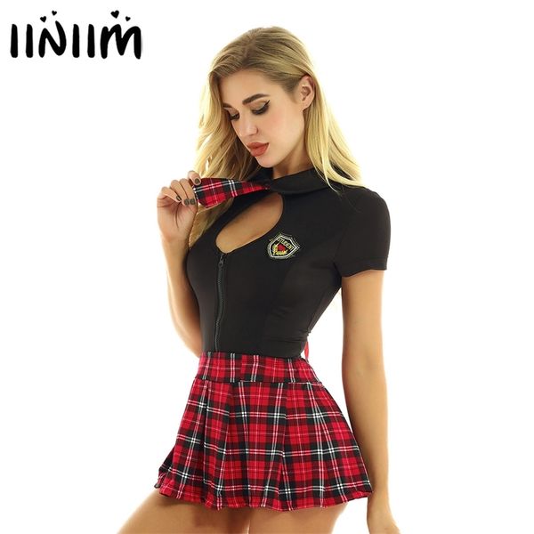 

womens adutls japanese schoolgirl cosplay uniform femme costume with plaid pleated mini skirt briefs for dance clubwear 220427, Red;black