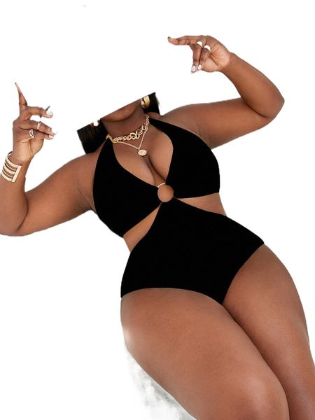 

plus ring linked halter one piece swimsuit m6pd#, White;black