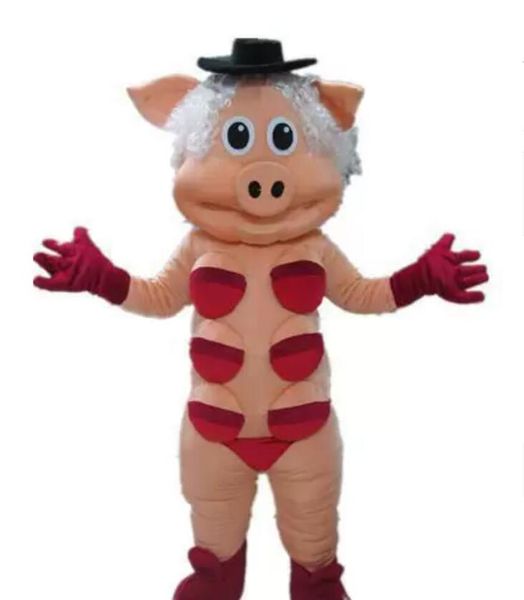 

good vision and good ventilation a pig mascot costume with black hat for adult, Red;yellow