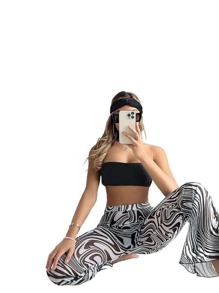 

bandeau bikini swimsuit with zebra stripe cover up i24k#, White;black