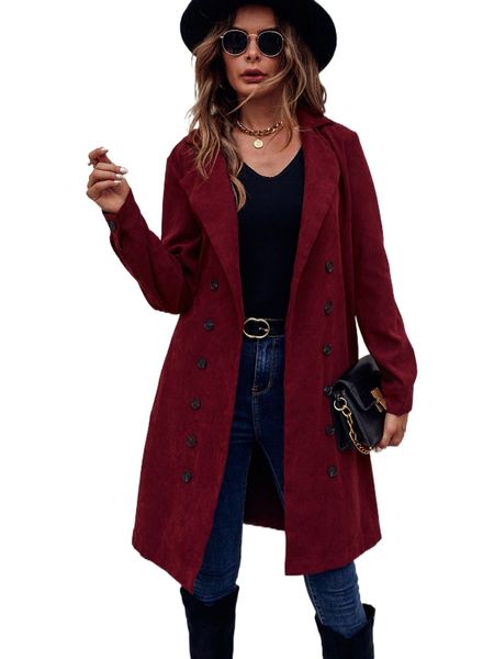 

corduroy double breasted lapel collar belted coat k9dq#, Black