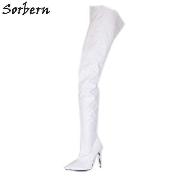 Sorbern weiß 90 cm Länge Frauen Stiefel Metall Stilettos High Heel 12 cm Benutzerdefinierte Bein Größe Stiefel Frauen Sexy Fetisch High Heels 2019