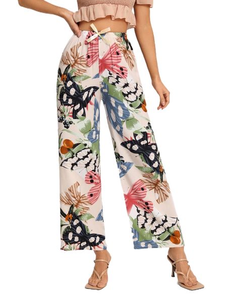 

butterfly & plant print bow front pants n5tr#, Black;white