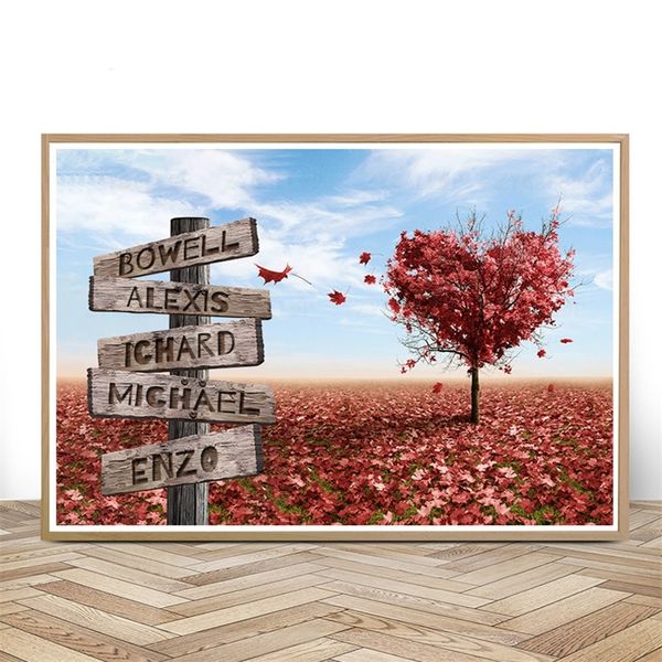 Özel baskı Yol İşaretinde Ad Ekle Tuval Boyama Doğal Manzara ve Aşk Ağaçları Resimleri Poster Yıldönümü Hediyeleri 220623