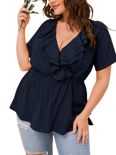 

plus ruffle trim peplum blouse 96gg#, Black