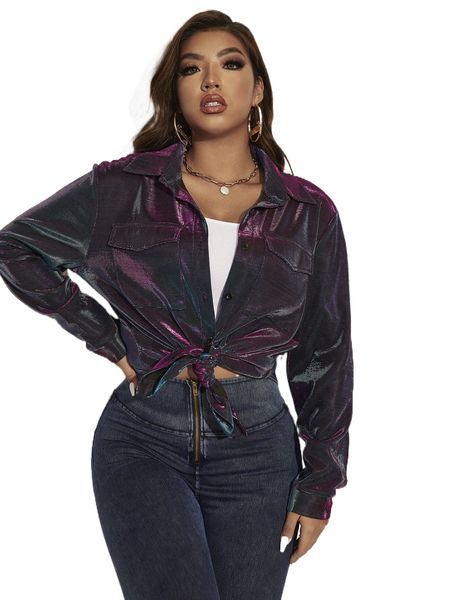 

plus flap pocket metallic blouse q7hf#, Black