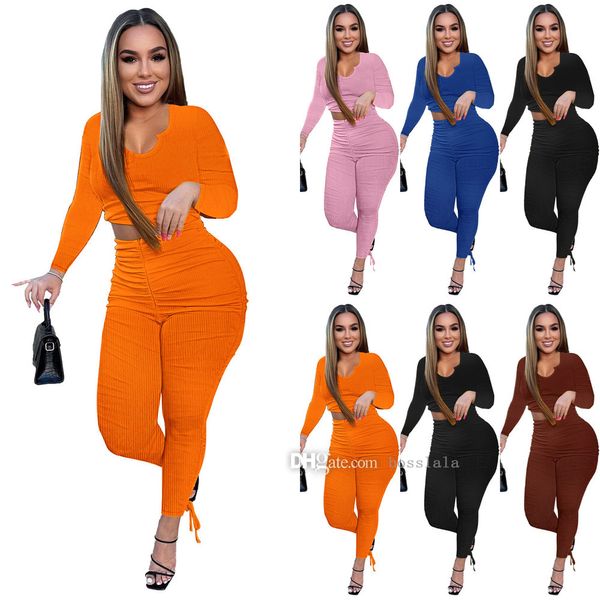 2022 frauen Rippe Falten Hosen Anzug Sportswear Herbst Winter Mode U-ausschnitt Langarm Shirts Hosen Sport Outfit Damen Sweatsuits