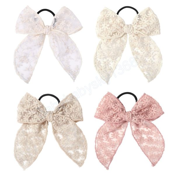 

sweet lace embroidery bowknot elastic hairbands for girls rubber band hair ropes ponytail holder kids hair accessories, Slivery;white